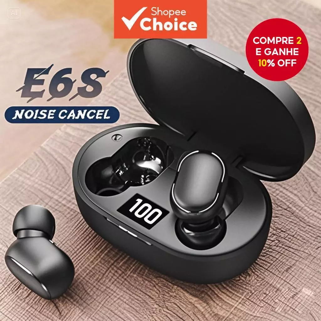 E6S Cor Preta Fones De Ouvido Sem Fio TWS Bluetooth Com Microfone Estéreo Som Cancelamento Ruído LED Display Digital